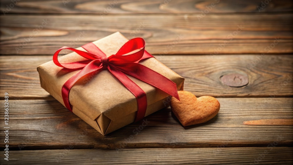 A rustic brown wrapped gift box with a red ribbon and a heart-shaped cookie on a wooden surface A rustic brown wrapped gift box with a red ribbon and a heart-shaped cookie on a wooden surface