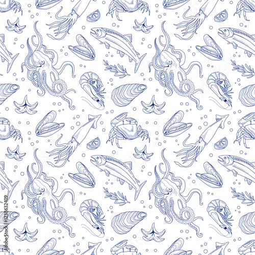 Seafood seamless vector pattern. Hand drawn line octopus, shrimp, salmon, oysters, mussels, squid, crab, lemon, rosemary. Seafood for poster, decoration of fabrics, packaging, menu product market.