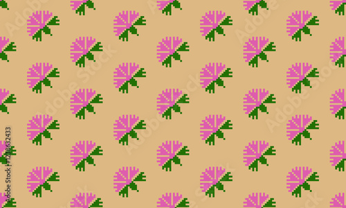 a detailed pattern composed of square shape designs with pink flowers on dark yellow background , design for fabric or various pattern printing works.