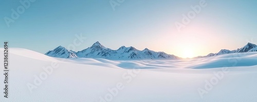 Wallpaper Mural Snowy landscapes nature idea. Serene winter landscape with mountains and a soft sunrise over snowy terrain. Torontodigital.ca
