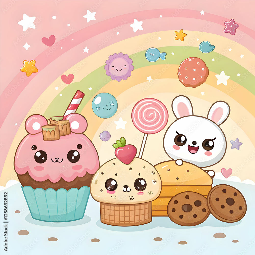 Adorable kawaii cupcakes bunny cookies rainbow sweets treats art cute pink food brown happy candy Adorable kawaii cupcakes bunny cookies rainbow sweets treats art cute pink food brown happy candy