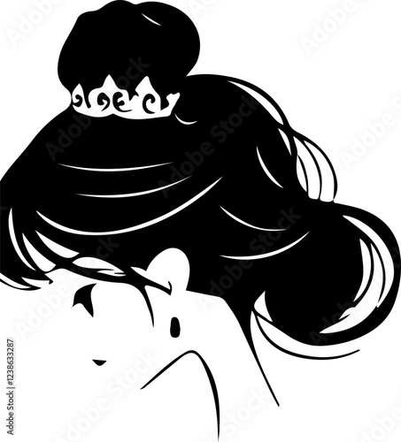 Illustration of a woman's profile with an elegant updo hairstyle and a decorative hair accessory