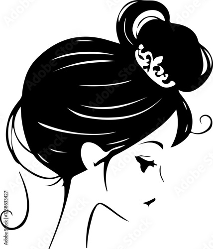 Illustration of a woman's profile with an elegant updo hairstyle and a decorative hair accessory