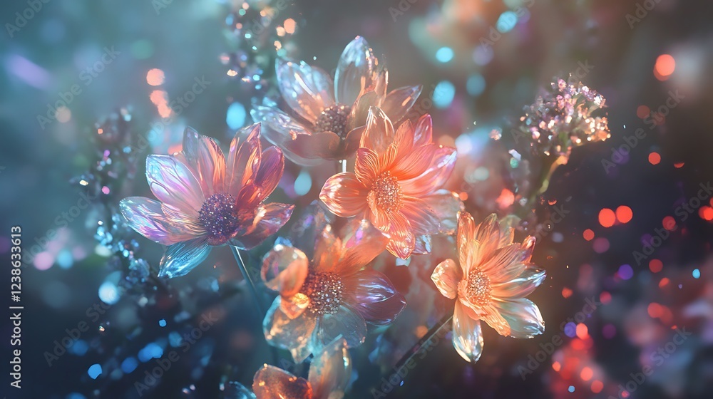 Fototapeta premium A mystical bouquet of flowers that sparkle with an iridescent, otherworldly glow