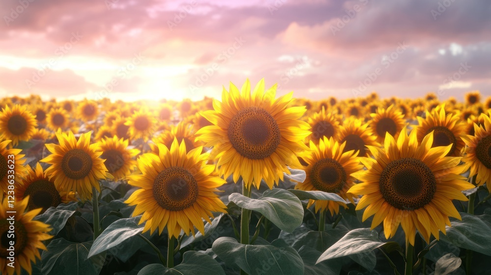 Fototapeta premium Sunflowers bloom under a colorful sunset in a vast field during late afternoon hours. Generative AI