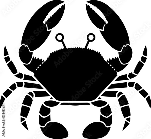 A black silhouette of a crab facing the viewer with large claws raised, and beady eyes