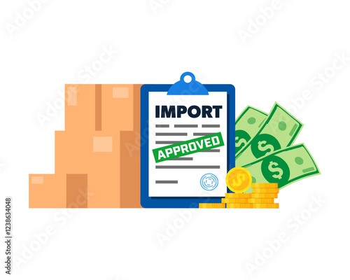 Customs duty and taxes on import - vector illustration with boxes and money.