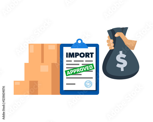 Import tax - vector illustration. Boxes and hand with money bag.