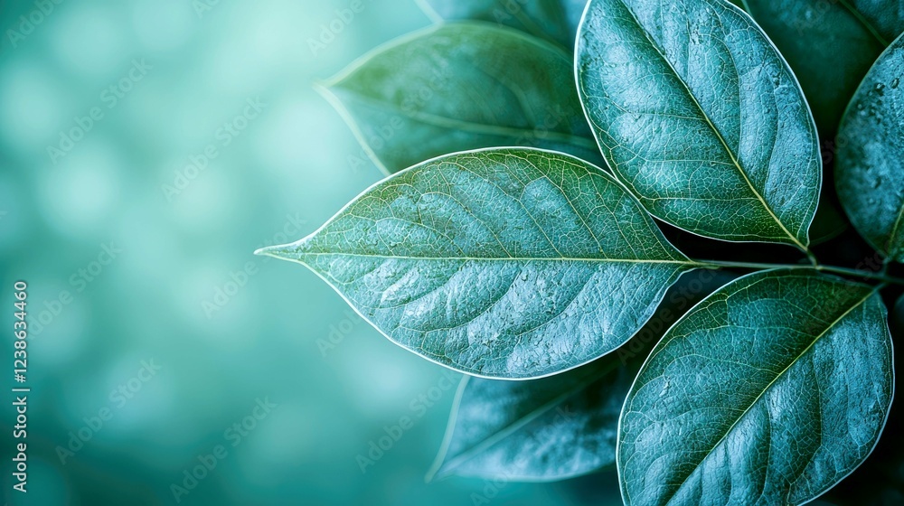 Obraz premium Close-up view of vibrant green leaves, showcasing intricate details and textures. Nature photography, botanical image, ideal for nature-themed designs and backgrounds.