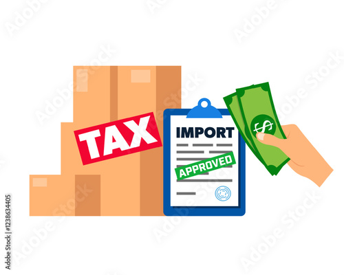 Tax on import - boxes with document and hand giving money.