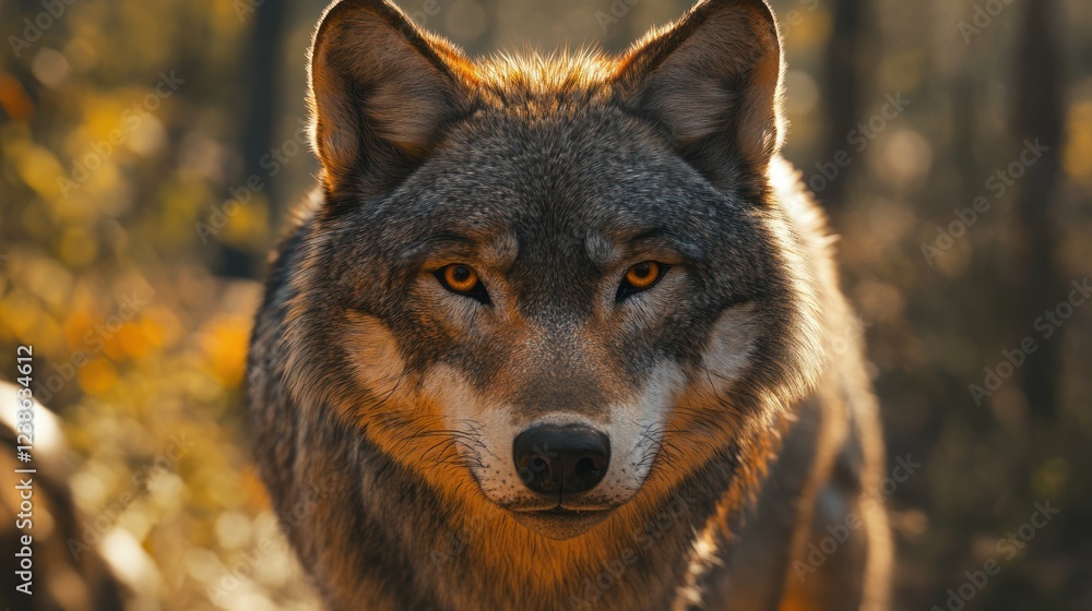 Fototapeta premium Wolf with piercing golden eyes standing in a sunlit forest during autumn. Generative AI