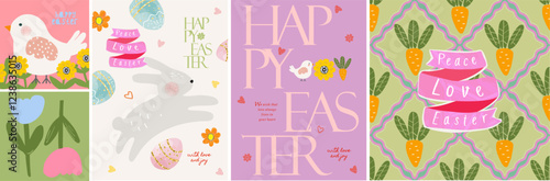 Happy Easter! Vector cute modern illustration of bunny, carrot, chick, tulips, eggs, flowers, seamless pattern for greeting card, poster or background 