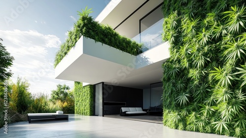 Modern eco-friendly house surrounded by vibrant greenery in bright daylight showcasing innovative design. Generative AI