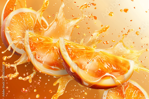 Fresh orange slices on juice splash background.