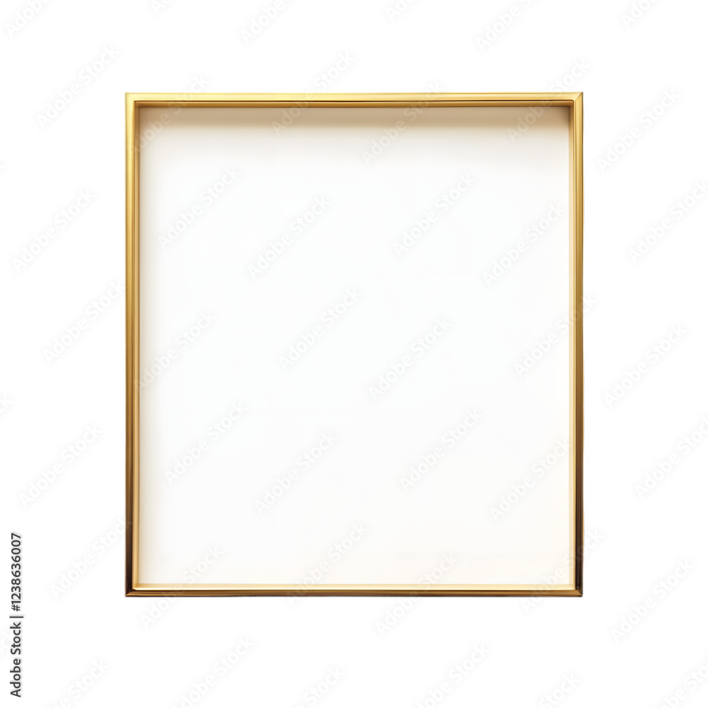 Obraz premium Minimalist golden frame mockup with a thin gold border on a white background, a simple square shape for artwork or picture display template