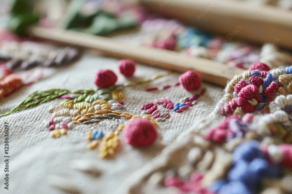 Obraz premium Close-up view of intricate embroidery on natural linen fabric showcasing needlework skill