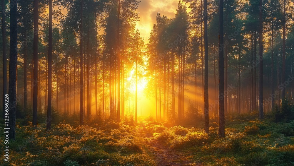 Fototapeta premium Serene Sunrise in Enchanted Forest with Soft Golden Light and Inviting Pathway