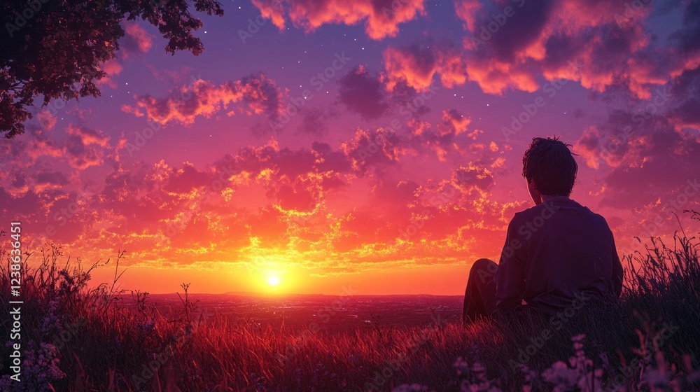 Witnessing a vibrant sunset from a serene hilltop with scattered clouds during twilight hours. Generative AI Witnessing a vibrant sunset from a serene hilltop with scattered clouds during twilight hours. Generative AI