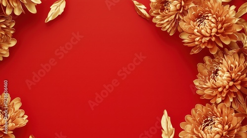 Chinese style red background with golden flowers festival celebration background