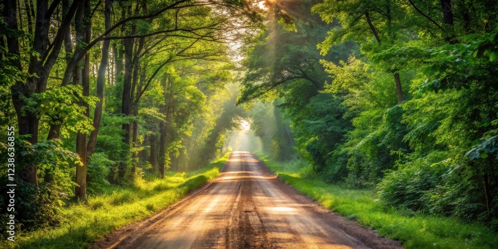 Fototapeta premium Sunlit Path Through Verdant Forest Canopy on a Misty Morning
