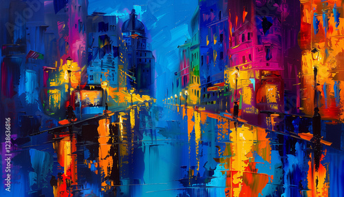 Vibrant art abstract night lights of a modern futuristic cityscape. Pinting building, urban architecture background