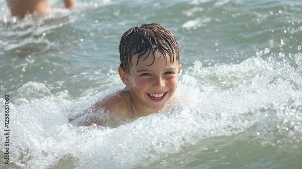 A young boy is smiling and splashing in the water. The water is frothy and the boy is having a great time A young boy is smiling and splashing in the water. The water is frothy and the boy is having a great time