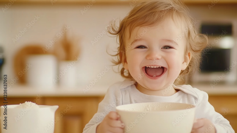 A baby is smiling and holding a white bowl. The baby is in a kitchen setting. The baby is happy and enjoying the moment A baby is smiling and holding a white bowl. The baby is in a kitchen setting. The baby is happy and enjoying the moment