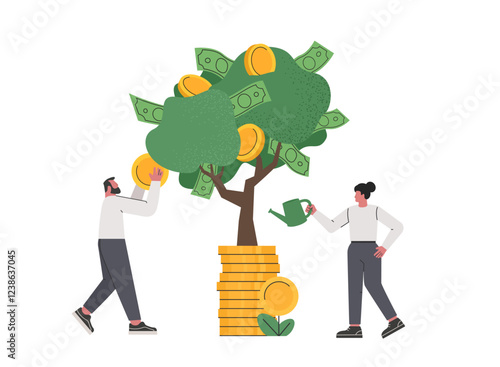 Financial and investment growth. Business investment profit concept. Businessman harvesting dollar coin from growing money tree. Woman watering growing money tree. Flat vector illustration.