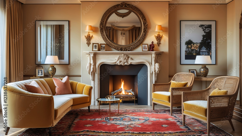 Fototapeta premium Eclectic living room design with a fluffy couch classic mirror patterned carpet red and warm tone walls and a fireplace in a soft pink and peach color scheme for a relaxing ambiance
