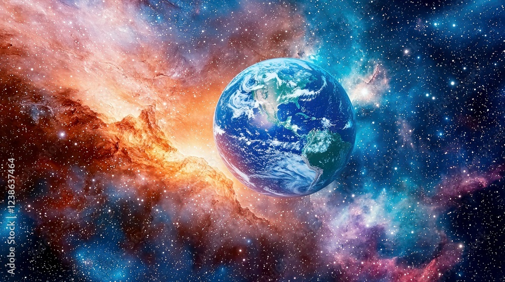 Obraz premium Cosmic Earth: A Stunning View of Our Planet from the Vastness of Space. A Celestial Dance of Nebulae, Stars, and Galaxies Surrounding the Blue Marble