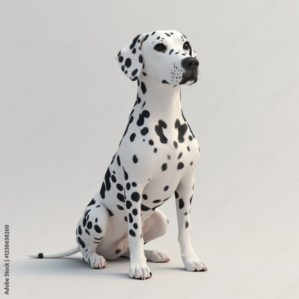 Realistic 3D Rendering of a Dalmatian Dog Sitting with Alert Ears Realistic 3D Rendering of a Dalmatian Dog Sitting with Alert Ears