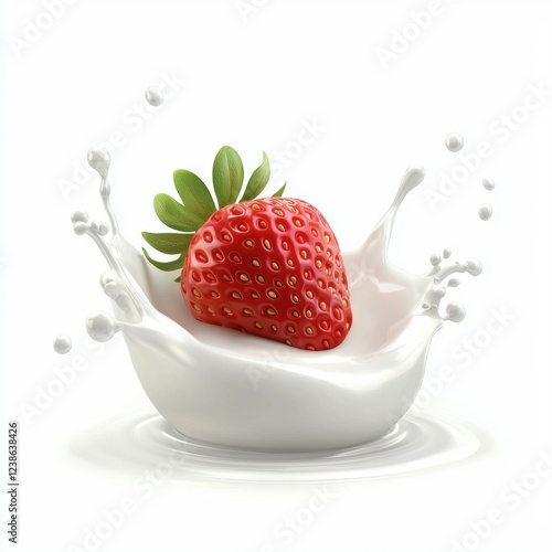 Fresh milk splash with smooth curves and a floating strawberry isolated on white background