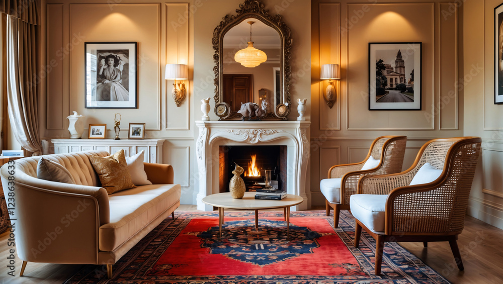 Fototapeta premium Eclectic living room interior design featuring a fluffy couch classic mirror patterned carpet warm red walls fireplace and a soothing pink and peach color scheme creating a cozy atmosphere