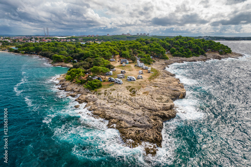 Obraz na płótnie Aerial view of the Camping site with parked motorhomes in Croatia w salonie