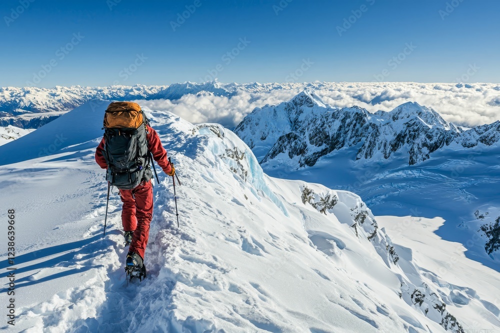 High angle of backpacker hiking across tip of huge glacier. High angle of backpacker hiking across tip of huge glacier.