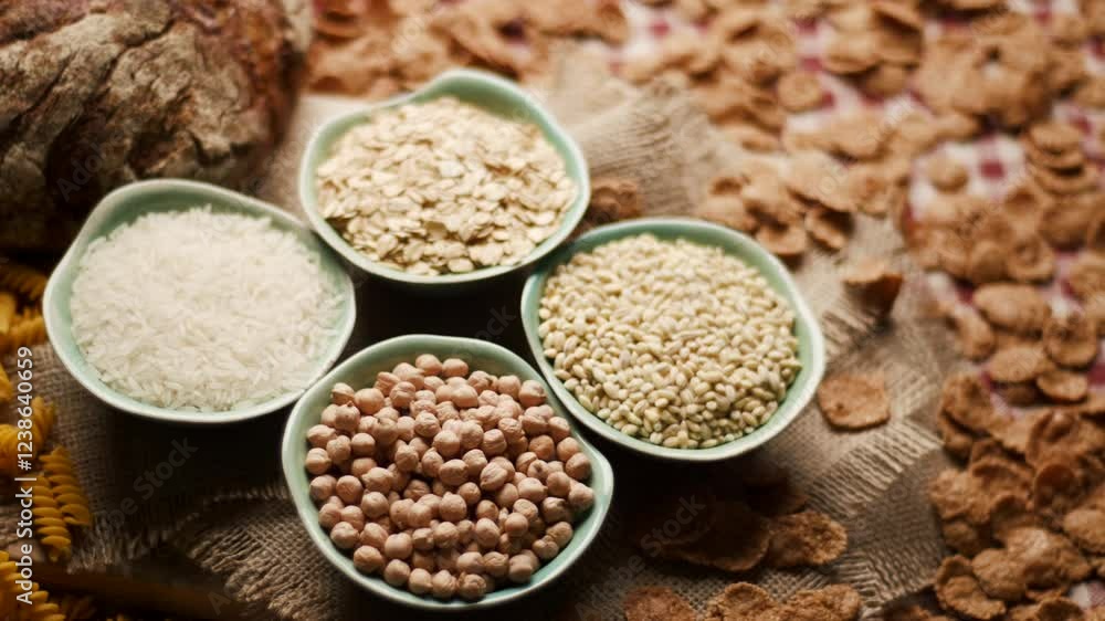 Close-up of assorted carbohydrate-rich foods arranged on a table, including bread, rice, wholegrain flakes, oats, wheat, and corn pasta. Perfect for nutrition, food, and healthy lifestyle content Close-up of assorted carbohydrate-rich foods arranged on a table, including bread, rice, wholegrain flakes, oats, wheat, and corn pasta. Perfect for nutrition, food, and healthy lifestyle content