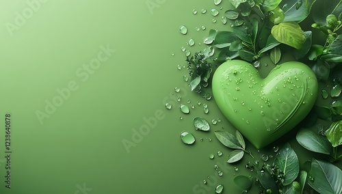 Eco-Friendly Green Heart with Plants and Water Drops Nature Scene Close-Up View Sustainability photo