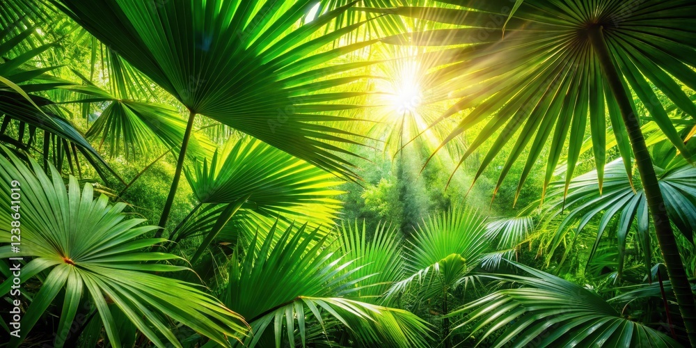 A tropical sunbeam shines through a dense cluster of green palm fronds A tropical sunbeam shines through a dense cluster of green palm fronds