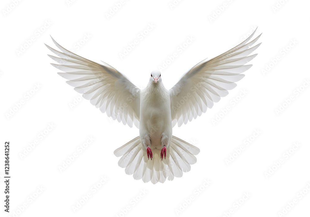 Fototapeta premium A white dove in mid-flight with its wings fully spread, isolated on a white background