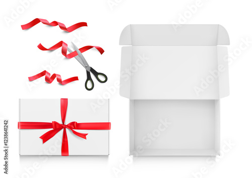 Realistic close white mailing box with red bow mockup. Flat lay view. Ready for presentation your product. Vector illustration isolated on white background. EPS10.