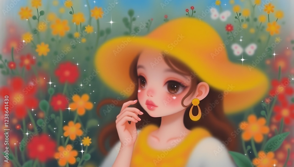 Dreamy Girl in a Sunhat Amidst Blooming Flowers Dreamy Girl in a Sunhat Amidst Blooming Flowers