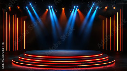 Black empty stage with blue and orange neon lights for a concert or show background. 