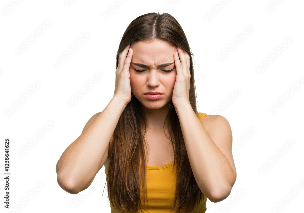 Fototapeta premium Young woman with long brown hair, holding her head with both hands, appearing stressed or in pain, wearing a sleeveless yellow top, isolated on white background