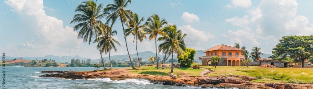 A serene coastal view featuring palm trees, a vintage house, and a bright sky, evoking a tropical paradise by the sea. A serene coastal view featuring palm trees, a vintage house, and a bright sky, evoking a tropical paradise by the sea.