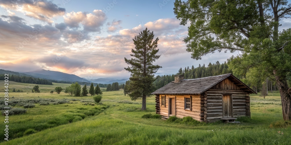Small wooden log cabin in a grassy field surrounded by trees and nature in a tranquil rural landscape Small wooden log cabin in a grassy field surrounded by trees and nature in a tranquil rural landscape