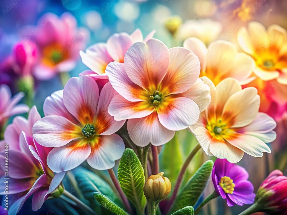 Fototapeta premium Delicate Spring Watercolor Botanical Illustration: Macro Photography of Blooming Flowers