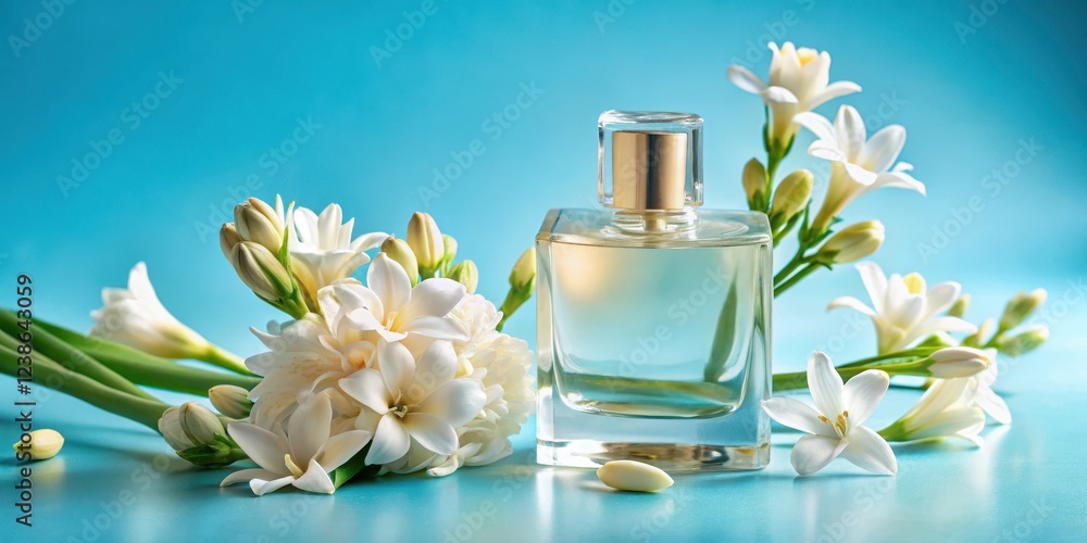 Close-up of a tuberose perfume bottle surrounded by tuberose flowers on a blue background Close-up of a tuberose perfume bottle surrounded by tuberose flowers on a blue background