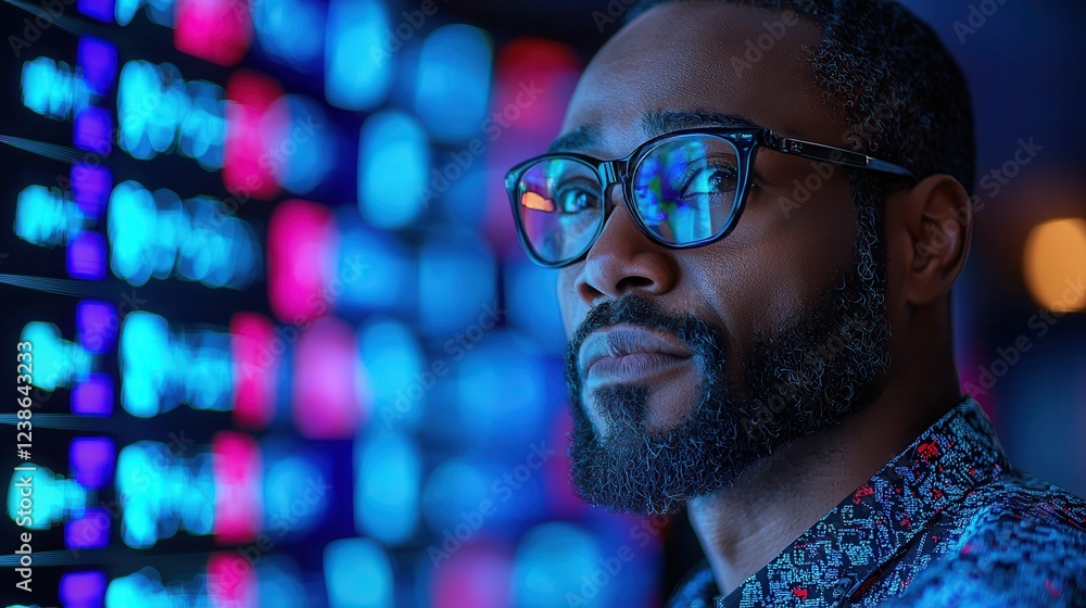 CT scan interface displayed on a monitor screen. Man with glasses in front of colorful LED lights, deep in thought. CT scan interface displayed on a monitor screen. Man with glasses in front of colorful LED lights, deep in thought.