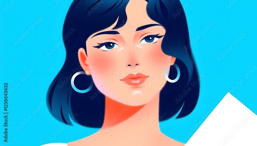 Stylish Woman Portrait: Blue Background Minimalist Illustration Stylish Woman Portrait: Blue Background Minimalist Illustration