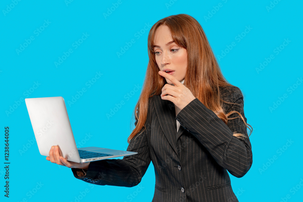 Woman in business attire looks surprised while using laptop against blue background Woman in business attire looks surprised while using laptop against blue background